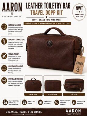 NWT Aaron Leather Goods Brown Leather Toiletry Bag Zip Case